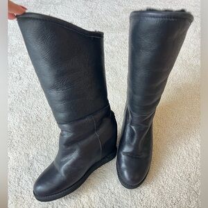 Australia Luxe Collective Black Leather Sheepskin tall wedge boots Authentic 7